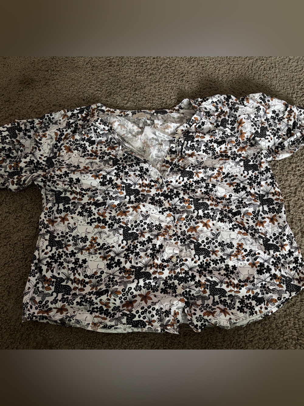 LOFT White Floral Button-Front Blouse with Black and Brown Rabbit Print